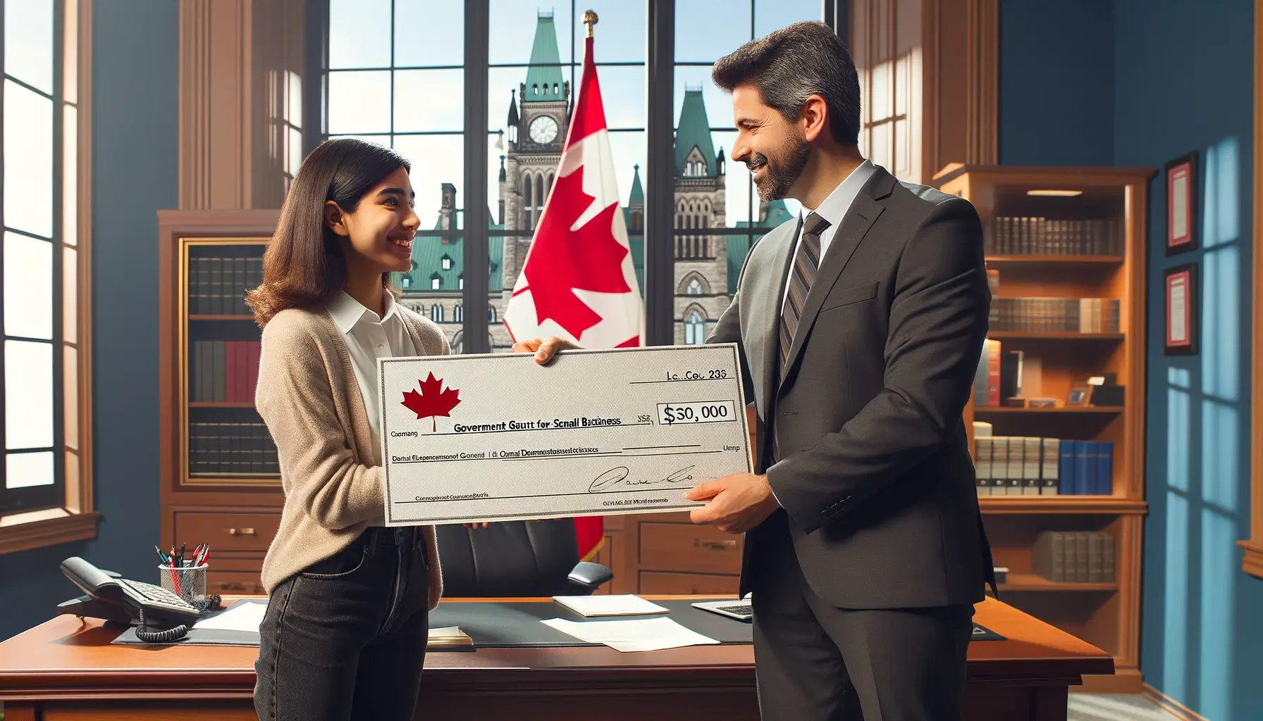 An image of a Canadian politican handing a novelty cheque to a small business owner