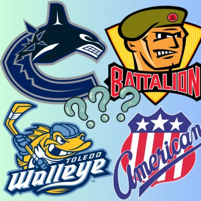 A collage of famous hockey team logos on a blue background