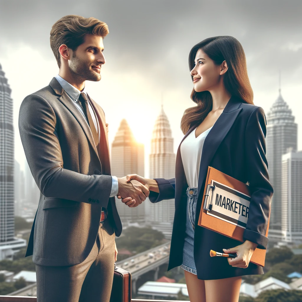 An image of a lawyer and a marketer shaking hands in an outdoor urban setting.