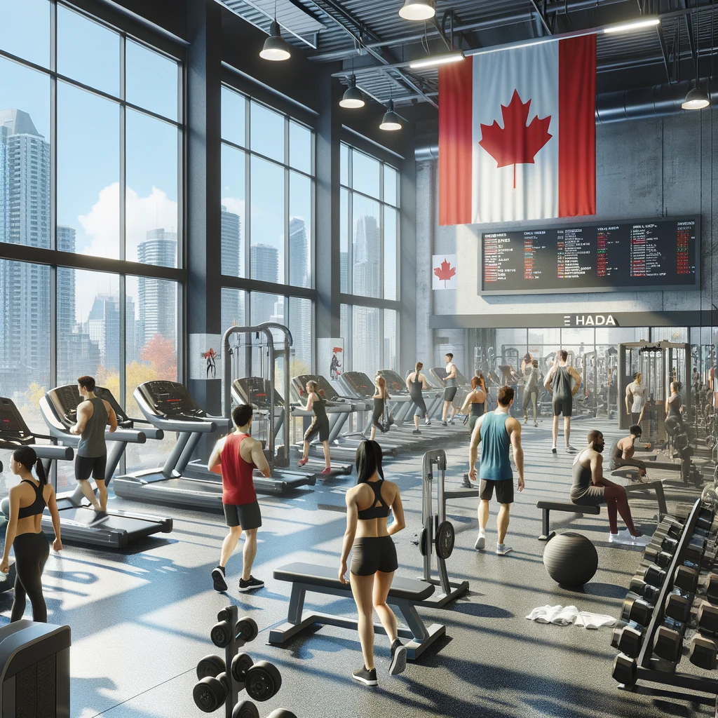 A spacious and modern commercial gym in Canada filled with machines and free weights.