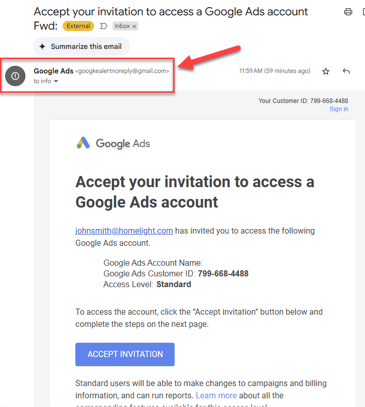 Fake Google Ads invite from phishing attempt